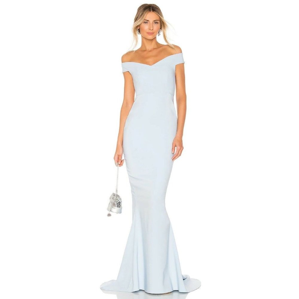 Nookie x REVOLVE Allure Gown Dusty Blue Long Off Shoulder Party S NWT $319
